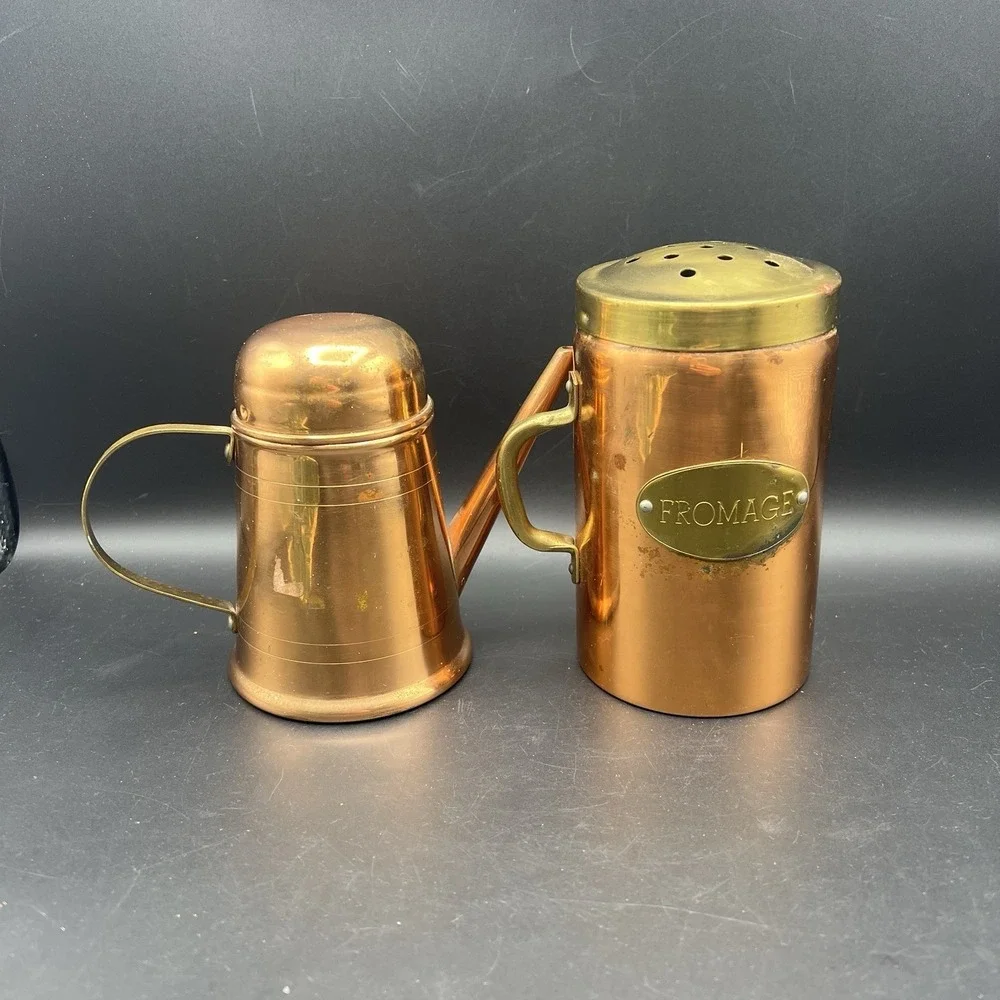 Cheese Shaker And Oil  Solid Copper & Brass Rustic Patina Made in Korea Set Of 2